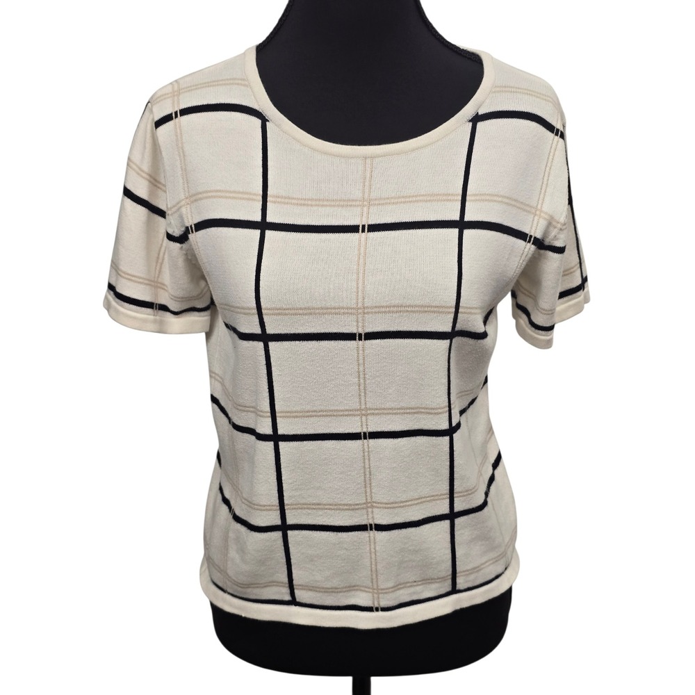 Petite Sophisticate Grid Knit Top S Preppy Minimalist Classic Chic Windowpane